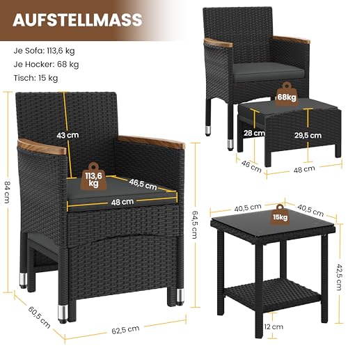 Yaheetech 5er Set Rattan Gartenmöbel Balkonmöbel Terassenmöbel Außen Kleiner Balkon mit 2 Einzelsofas & 2 Fußhocker & 1 Kaffeetisch, Schwarz & Grau