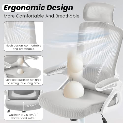 Fizzin Office Chair 400 LBS, High Back Ergonomic Computer Chair with Adjustable Lumbar Support & Headrest, Comfy Mesh Desk Chair for Long Hours (Gray) image 3
