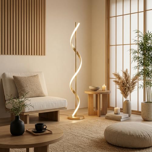Image of Spiral Floor Lamp 3-Color CCT (Warm + Natural + Cold White) Gold Aluminium LED Standing Lamp for Living Room Bedroom Home Decor