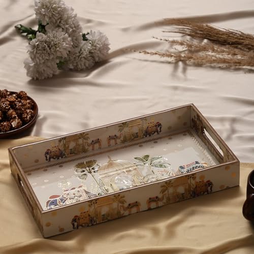 Image of Wooden Serving Tray with Gold Engraving | Set of 1 | Size :14 x 8 inch | Enamel Coated Waterproof | Rectangular | Decorative Trays | Royal Camel Medium