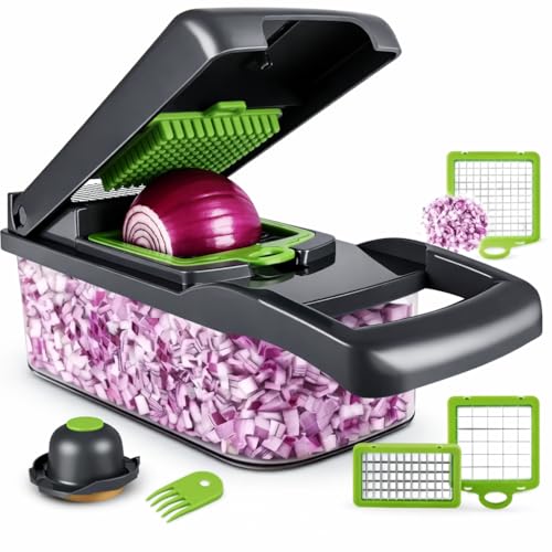 Coupe-Légumes et Mandoline Multifonctions 16-en-1 – Trancheur et Découpe-Cube Manuel – Oignons, Carottes, Concombres, Pommes de Terre, Frites – Râpe...