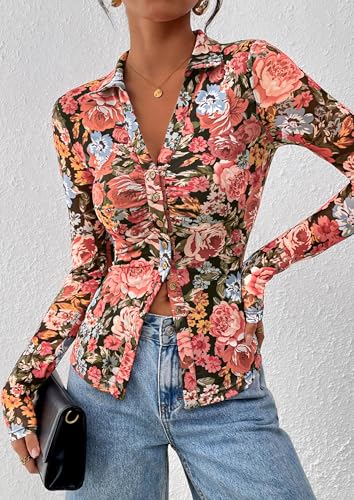 PRETTYGARDEN Women Button Down Floral Shirts 2025 Fall Trendy Long Sleeve V Neck Ruched Fitted Mesh Blouse Tops Date Outfits2