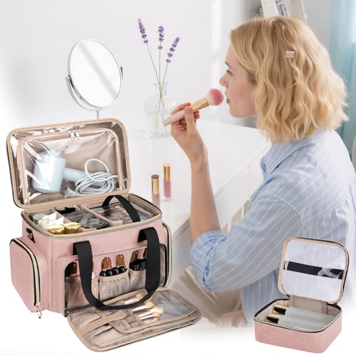 Image of GDNasist Large Makeup Bag, Portable Travel Makeup Bag Organizer | Cosmetic Travel Bag for Women Girls with 2 Removable Pouches & Detachable Dividers, Toiletry Bag for Makeup and Hair Supplies