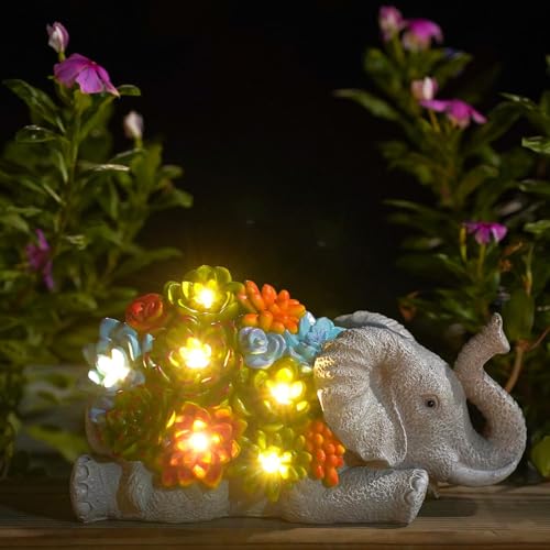 Yeomoo Elefant mit Sukkulenten LED Solarlampen Gartendeko - Wetterfeste Elefanten Figur Solar Deko für Wohnzimmer & Garten Mama Frauen Männer Terrasse Balkon Deko