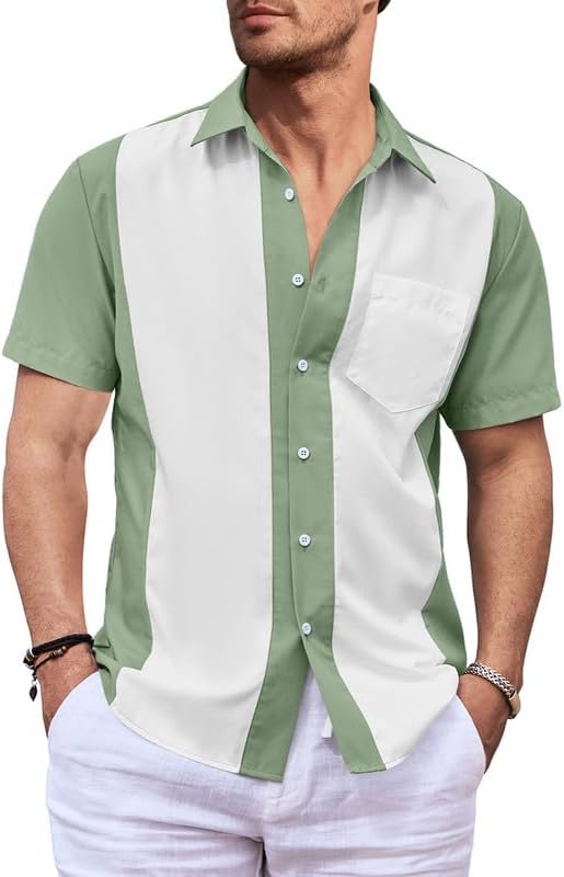 JMIERR Mens Vintage Bowling Shirts Casual Short Sleeve Button Down Shirts Hawaiian Summer Beach Shirt Medium Green