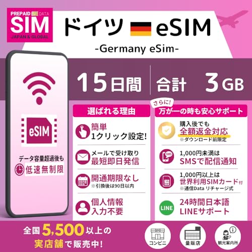 [ �h�C�c eSIM ] �I�����C���ŒZ�������s�i���[�����j�b�I�ׂ�e�ʁE�����b�����pOK�b���S24���ԓ��{��T�|�[�g�b�ᑬ�������t�� (15Days-3GB)