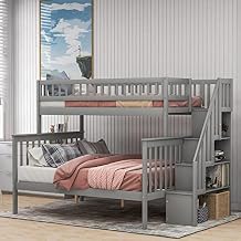 MERITLINE Twin Over Full Bunk Bed with Stairs، Solid Wood Stairway Bunk Bed with Storage and Guard Rail for Kids Teens Adults Gray