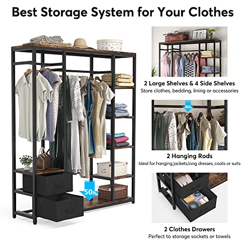 Tribesigns Freestanding Closet Organizer With 2 Drawers, 59 Inch Heavy Duty Clothes Garment Rack With Shelves And Double Hanging Rod, Metal Clothing Rack Wardrobe For Bedroom, Rustic Brown #TOP4
