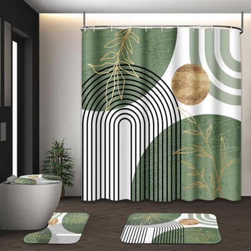 Tayney Sage Green Boho Mid Century Shower Curtain Set with Toilet Lid Cover and Non-Slip Rugs, Abstract Geometric 4 Pcs Modern Minimalist Shower Curtain for Bathroom Set with 12 Hooks