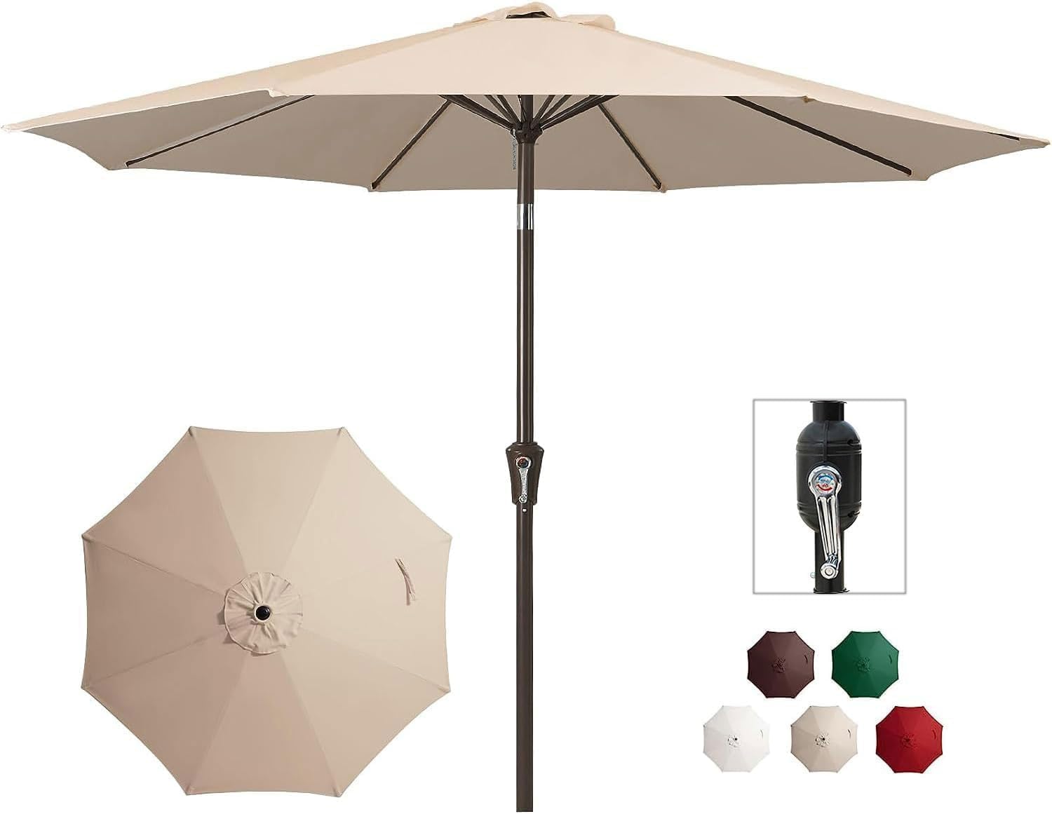 LIODUX 2.7M Outdoor Patio Umbrella Outdoor Table Umbrella with Push Button Tilt and Crank, Market Umbrella 8 Sturdy Ribs UV Protection Waterproof for Garden, Deck, Backyard, Pool (Khaki)