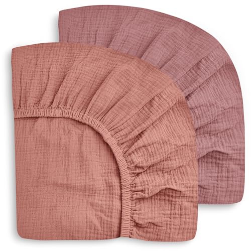 Image of SWEET DOLPHIN 2-Pack Muslin Crib Sheets for Boys & Girls, Ultra Soft Breathable 40S Long-Staple Cotton Fitted Baby Sheets for Standard Crib Mattress 52"x28", Deep Bean Paste- Nursery Essentials
