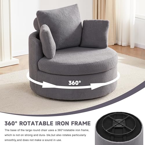 AYEASY Swivel Chair with Half Moon Storage Ottoman, Round Oversized Swivel Barrel Chair with Base Storage for Living Room, 360°Modern Swivel Accent Chair with 3 Pillows for Home, Teddy Fabric,Grey - Thumbnail 6