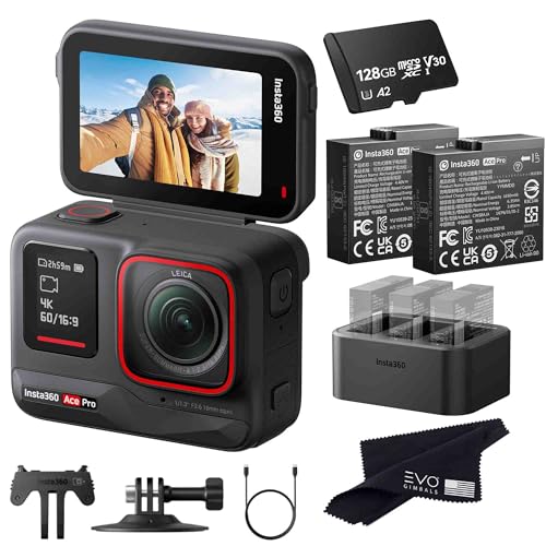 Insta360 Ace Pro Battery Bundle- 8K Waterproof Action Camera Co-Engineered with Leica, Flagship 1/1.3" Sensor, 8K24, 48MP, 2.4" Flip Screen|Bundle Includes Charger/Extra 2 Batteries, 128GB Card