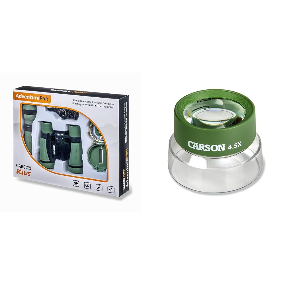 Carson AdventurePak Containing 30mm Kids Field Binoculars, Lensatic Compass, Flashlight and Signal Whistle & Kids BugLoupe 4.5X Pre-Focused Stand Magnifier Loupe for Viewing Insects