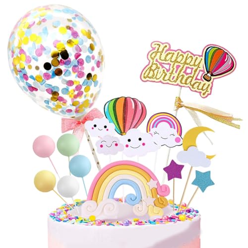 16PCS Decoración Pastel Arcoíris, Kit de Decoración para Tartas de Cumpleaños, Decoración de Tartas con Arcoiris y Globos, con Cloud Rainbow Star, para Infantiles Niños Niñas Tartas Cumpleaños