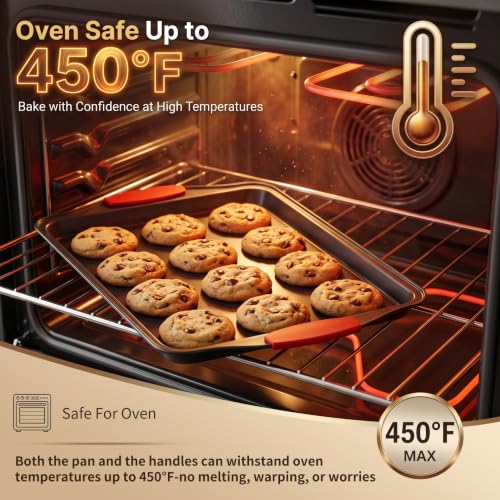 4-Piece Nonstick Carbon Steel Baking Sheet Set, Small Medium Large Rimmed Oven Pans with Red Heat-Resistant Silicone Handles & Bonus Spatula for Cookies, Cakes, Pizza & Home Baking - Image 3