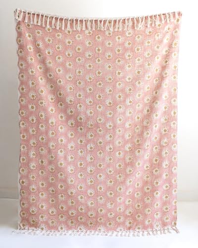 Image of Cotton Throw Blanket with 2 pc Cushion Cover Daisy Floral Print, Pink, Tassel Embellishment, Sofa Cover, 177.8 x 127 cm or 50x70 Inch (Sunflower Daisy Print)