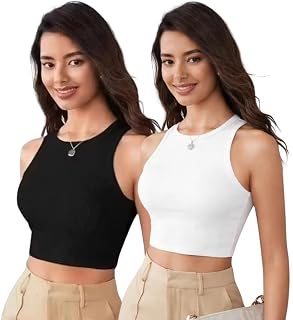 SOMATIC Womens Stylish Tank Top | Regular Fit Casual & Office Wear Top for Women | Round Neck Sleeveless | Black&White-Pac... Price In India