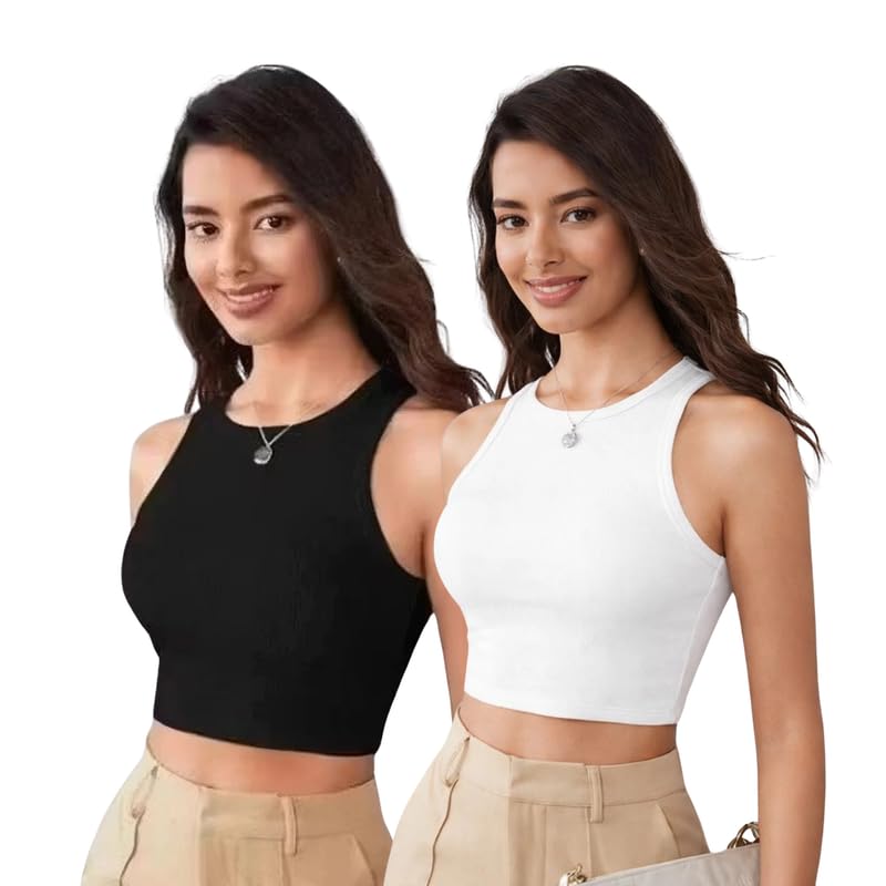 SOMATIC Womens Stylish Tank Top | Regular Fit Casual & Office Wear Top for Women | Round Neck Sleeveless | Black&White-Pac... - Review, Price and Buying Guide