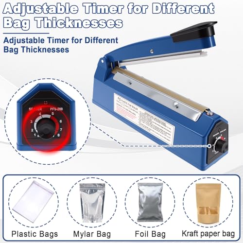 Image of 8 Inch Impulse Sealer, Manual Heat Sealer Machine for Mylar Bags, Shrink Wrap Bag Sealers Sealing Machine for Plastic PE PP Bags with 3 Free Replacements Kit Element Grip, Blue