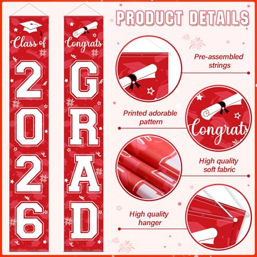 Image of Graduation Party Decorations Class of 2026, Graduation Decorations with Congrats Grad Banner Fringe Foil Curtain Paper Flower Ball Balloons for High School College Grad Party Supplies, Red