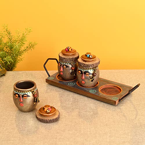 Image of AAKRITI ART CREATIONS Happy Tribals Storage Jars and Handcrafted Tray| Multicolor Abstract Art Terracotta Jars with Wooden Tray | Matte Finish Kitchen Storage Set | Jars for Dining Table & Home Decor