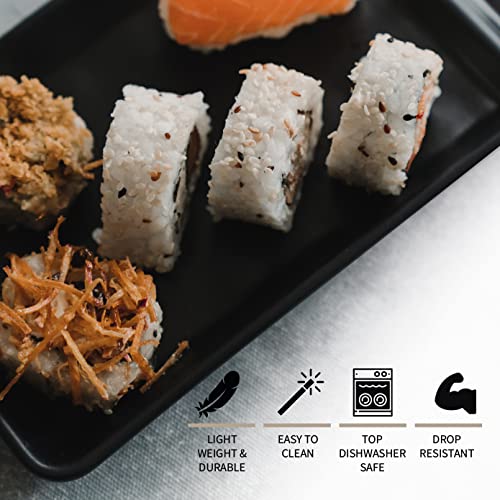 Image of Sushi Serving Set, with 4 Japanese Sushi Serving Plate, 4 Soy Sauce Dish, 4 pairs of chopsticks and 4 chopsticks stands- Melamine Serving Set for Sushi (Black) (Pack of 2)