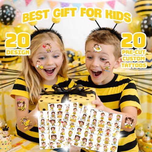 Image of Custom Bee Temporary Tattoos for Kids - Set of 20 | Personalized Pre-Cut Face Photo, Birthday Party Favors, For Boys Girls, Bee Lovers