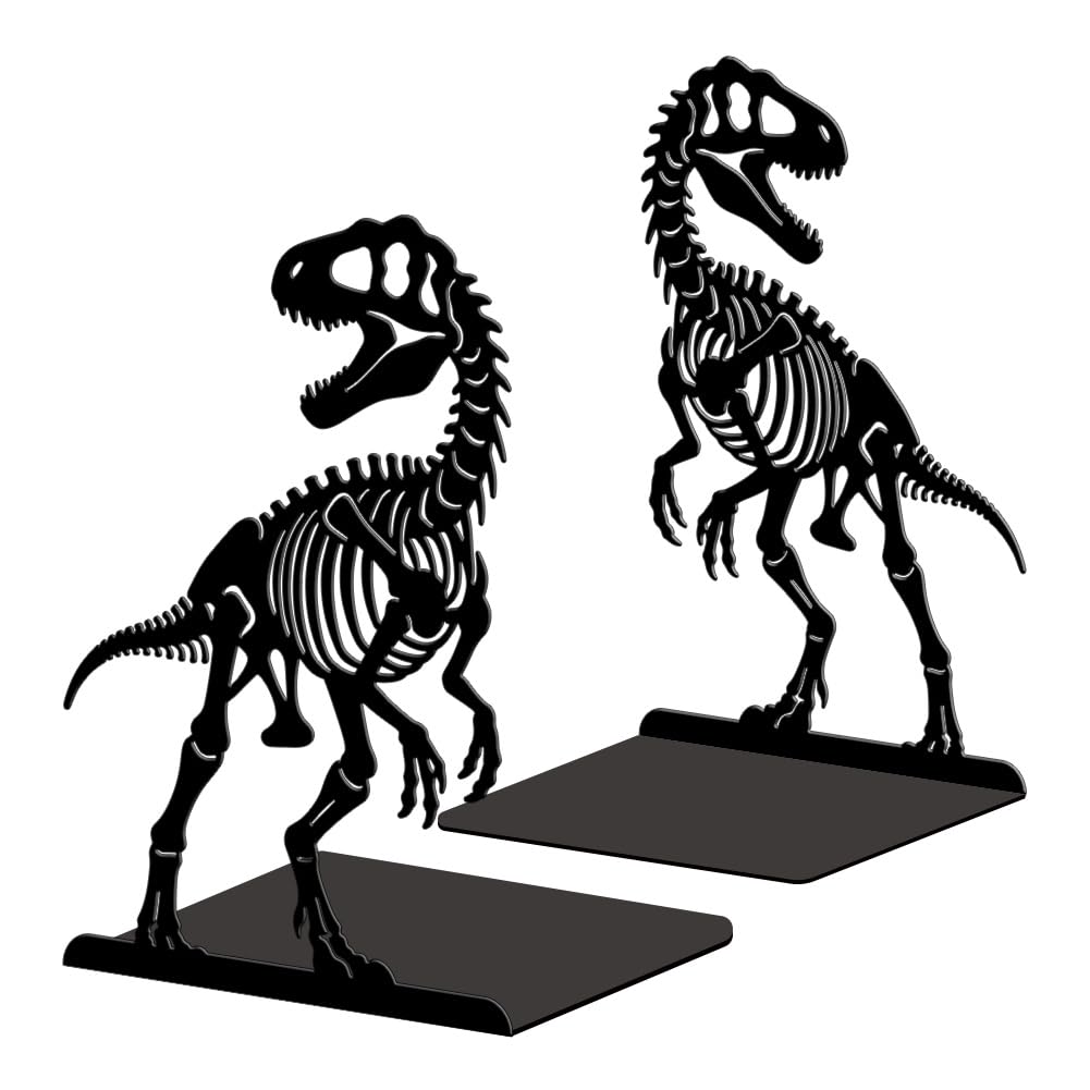 Peacoblue Metal Bookends for Shelves, Modern Decorative Heavy Duty Study Book Ends Stoppers for Office Desk Shelf, Room 5.3"x4.3"x7.6" Cast Iron Tall Bookends 1 Pair (Dinosaur and Skeleton)