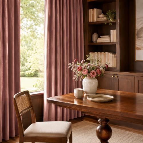 Image of Dusty Rose Velvet Curtains Privacy Soft Romantic 90 Inch 2 Panels | soft, block light, for bedroom living room, light shifting textured, luxury drape, cozy ambiance, rod pocket, back tab