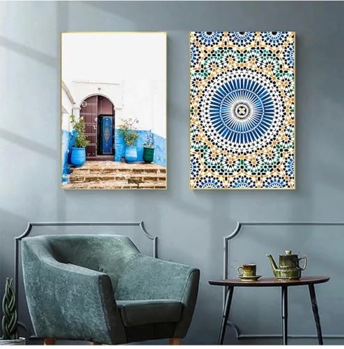 Tableaux pour salon affiche porte marocaine bleue déco nordique toile murale 50x70cm