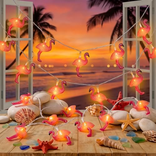 Abeja Pink Flamingo Outdoor String Lights 8.5Ft Summer Patio String Lights with 10 Pink Flamingo Light Summer Tropic Themed Decor Light for Camp Tent Wedding Holiday Party Garden Bedroom