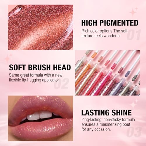 LANGMANNI 10 Colors High Shine Lipgloss Set,Long Lasting Diamond Gliter Shimmer Liquid Lipstick Set,Hydrating,Moisturizing Lip Gloss Kit Gift Makeup For Girls (SET A) - Image 6