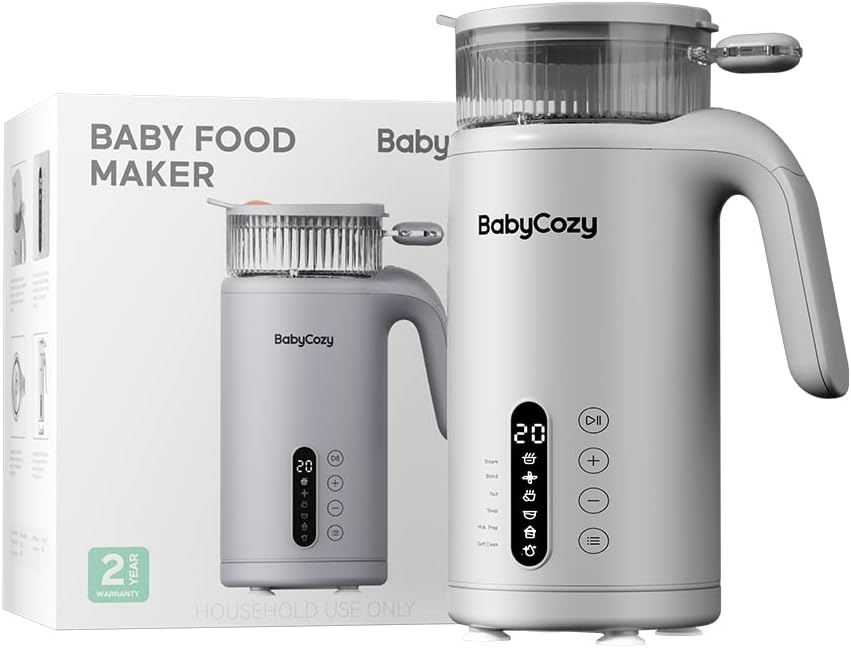 Baby Food Maker, BabyCozy 5 in 1 Baby Food Processor, Steamer, Blender, 304 Stainless Steel, 2 Tritan Steamer Portable Baby Puree Maker with Touch Screen for Self-Clean, Steam, Blend, Milk Prep, Timer (Grey)