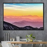 Framed Canvas Wall Art Orange Sunset Abstract Aerial Colorful Digital Art Landscape Minimalist Mountain Top Multicolor - 16x24 inches