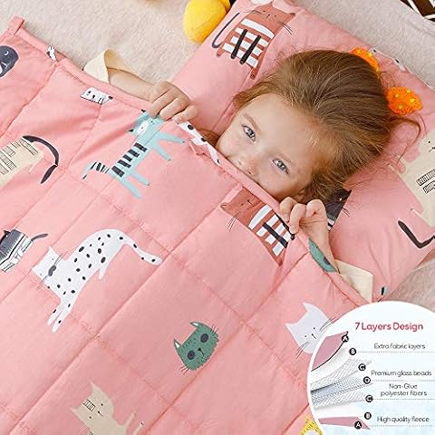 Anjee Kids Weighted Blanket, 100% Natural Cotton Heavy Blanket for Kids and Teens, 3kg 100x150cm, Pink Cat Cover