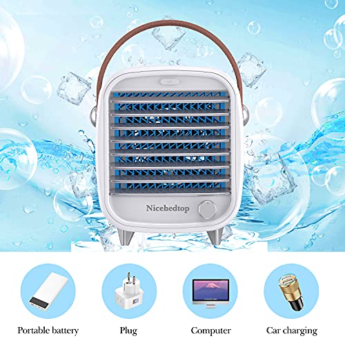 nicehedtop climatiseur portable ventilateur climatisation usb, mini refroidisseur mobile d'air personnel, 4 en 1 air cooler humidificateur fan, vitesse réglable lumière led pour bureau maison