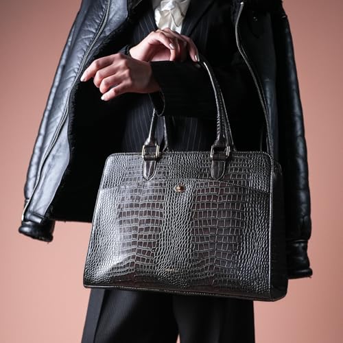 Image of Theater Dr. Grief Brown Croco Handbag for Women | Structured Top Handle Tote with Spacious Interior | Elegant Office Work & All Day Essential Laptop Bag