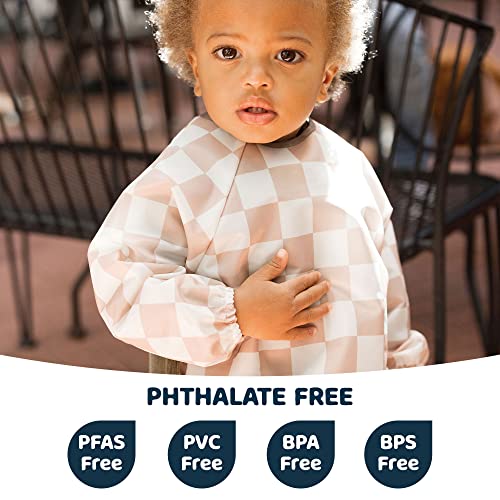 Image of Tiny Twinkle Long Sleeve Bib for Babies & Toddlers | Waterproof Smock Bib for Eating | Machine Washable & Mess-Proof Feeding Essentials | Newborn Shower Gift (Checkers Brown, 6-24M)