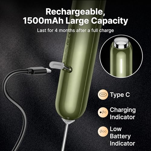 Image of InstaWhisk Milk Frother with Variable Speed, Rechargeable Coffee Frother Wand with Detachable Double Whisk, Handheld Electric Stirrer for Latte, Cappuccino, Matcha, Almond Milk, Protein, Army Green