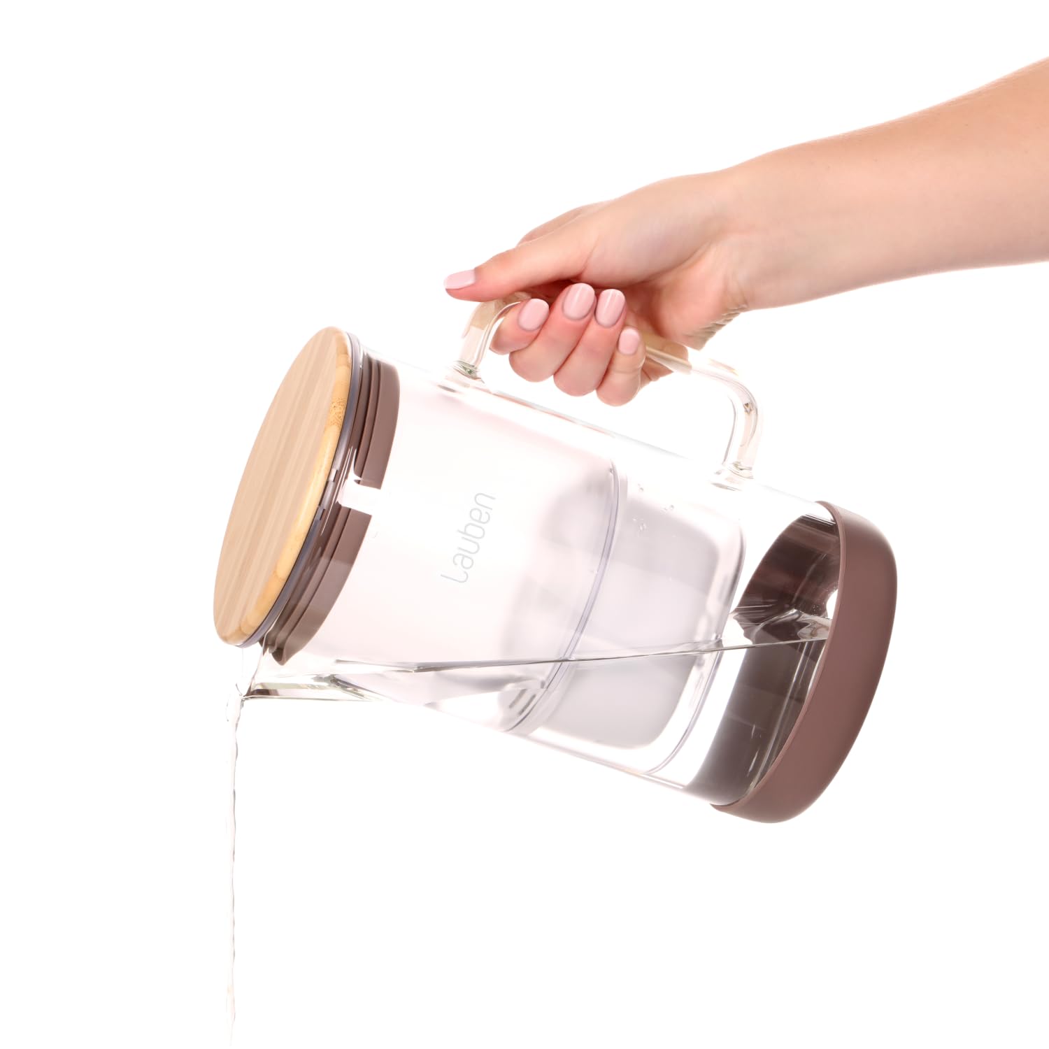 Lauben 25GW - Caraffa filtrante in vetro borosilicato 2,5 l, caraffa con 4 stadi di filtrazione contro calcare, cloro e metalli pesanti, 1 cartuccia filtrante, coperchio in bambù, acciaio inox