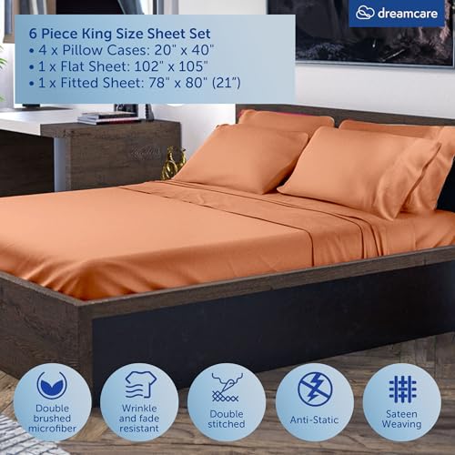 Image of DREAMCARE King Size Sheets Set - 6 pcs Breathable Cooling Sheets King Size | up to 21 inch Extra Deep Pocket King Sheet Set with Side Pockets - Extra Soft 100% Double Brushed Hotel Luxury Bedding -Terracota