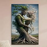 Estampado panorámico de naturaleza con un sereno paisaje, con motivos románticos de árboles abrazados y tonos azul turquesa (40x60cm/sin marco).