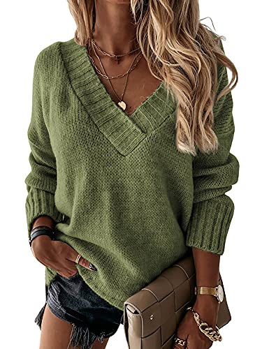 Image of Womens Loose Sweaters Sexy V Neck Long Sleeve Solid Knitted Jumper Pullover Sweatshirt Tops