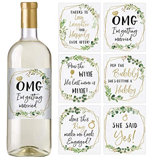 Engagement Celebration Wine Bottle Labels, Set of 6 Gold Greenery Waterproof Labels, Engagement Party Gift, Bridal Shower Favor, Bachelorette Party Ideas