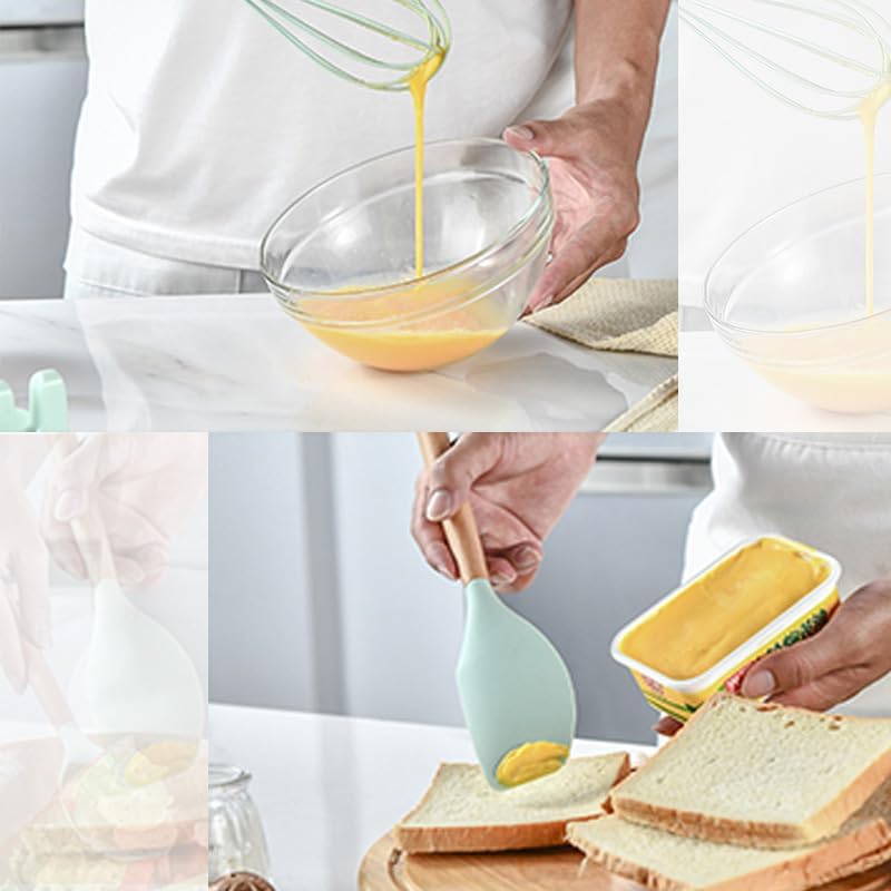 Miniatura 4 de Juego de utensilios de cocina de silicona con mango de madera para cocinar, cocinar, hornear, utensilios de cocina multiusos 12 juegos (verde claro)