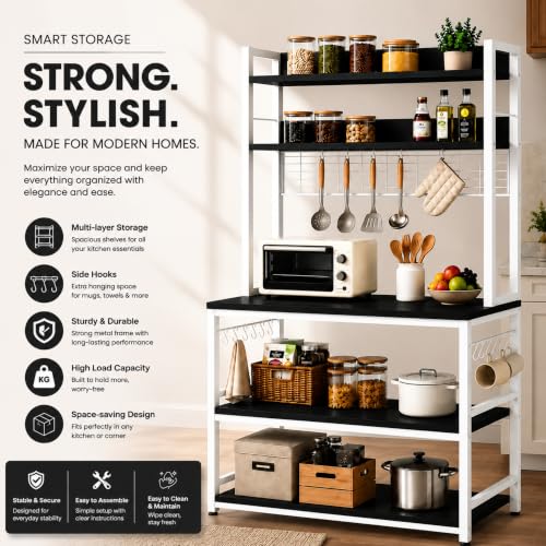 Image of 5-Tier Kitchen Organizer Rack-Multipurpose Microwave Stand for Kitchen Platform & OTG Oven-Steel Utensils Storage Shelf with Hooks - Engineered Wood & Metal Rack for Home- 100x40x170 cm - White /Black