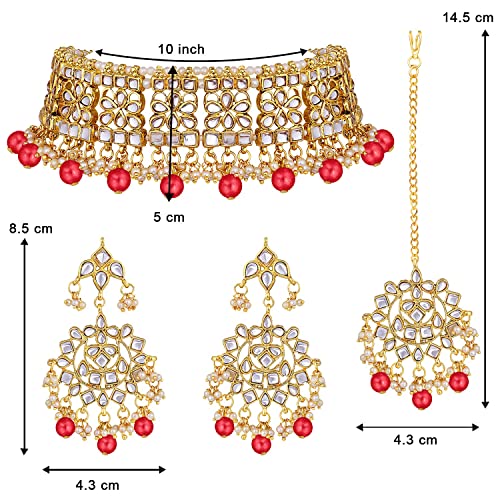Image of Aheli Elegant Indian Faux Kundan Studded Choker Necklace with Maang Tikka Set Ethnic Wedding Wear Bharatanatyam jewellery set Gift for Women