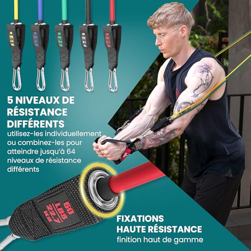 Kit élastique musculation avec 5 bandes de résistance et guide