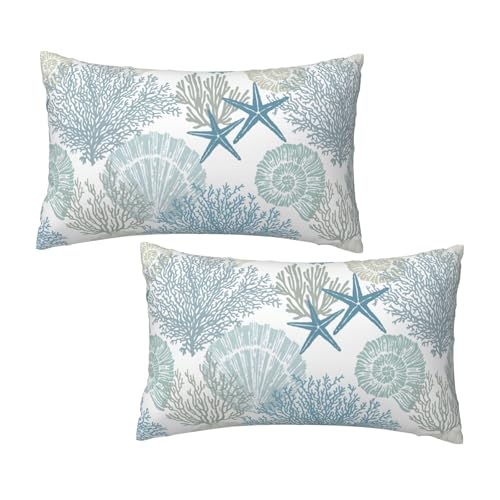 Tebjh Nautical Coastal Throw Pillow Covers 12x20 Set of 2, Beach Themed Ocean Seashell Coral Starfish Couch Lumbar Pillow Cover Outdoor Sofa Cushion Cover for Bedroom Living Room